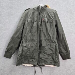 Levi's Women Jacket XL Green‎ Faux Fur Hooded Parka Coat Sherpa Lined Full Zip